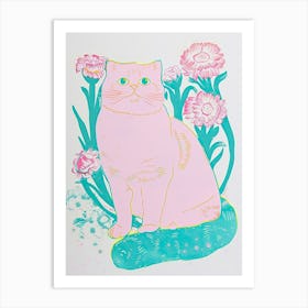 Cute Scottinsh Fold Cat With Flowers Illustration 2 Art Print
