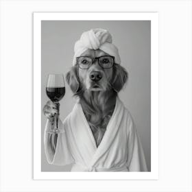 Golden Retriever In Bathrobe Holding Wine Art Print