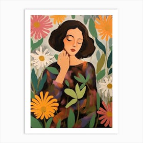Woman With Autumnal Flowers Zinnia Art Print