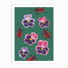 Red Bugs And Pansies Art Print