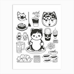 Cat And Sushi Black And White Line Art 2 Art Print