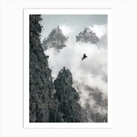Eagle Flies Between Clouds And Rocks Oil Painting Landscape Art Print