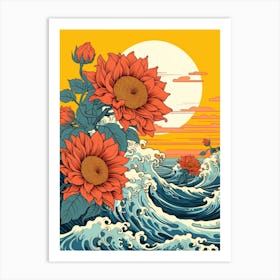 Great Wave With Sunflower Flower Drawing In The Style Of Ukiyo E 1 Art Print