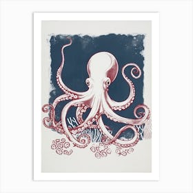 Retro Red Navy Octopus Linocut Style 6 Art Print