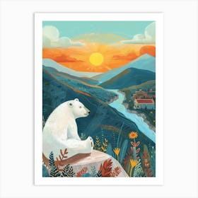 Polar Bear Looking At A Sunset From A Mountaintop Storybook Illustration 3 Art Print