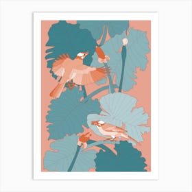 Orange Birds With Turquoise Leaves Art Print