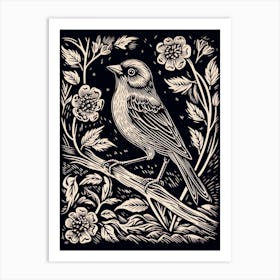 B&W Bird Linocut Finch 3 Art Print