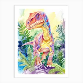 Rainbow Dinosaur Watercolour In The Foliage Art Print