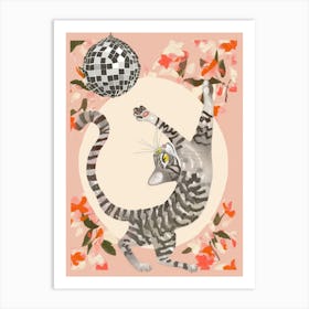 Disco Cat Checkerboard Floral Whimsical Illustration Funky Dopamine Art Print
