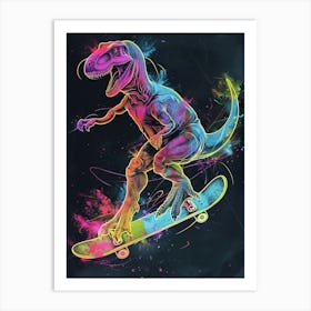 Neon Dinosaur Line Illustration On A Skateboard 2 Art Print