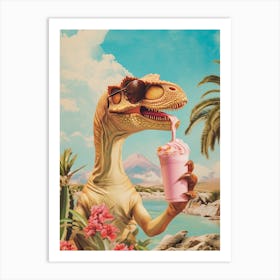 Dinosaur Drinking A Milkshake Retro Collage 3 Art Print