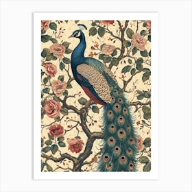 Cream Vintage Floral Peacock Wallpaper 2 Art Print