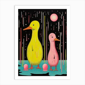 Cute Illustration Of Pink & Yellow Ducklings Art Print