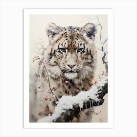 Snow Leopard, Japanese Brush Painting, Ukiyo E, Minimal 3 Art Print