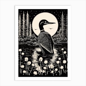 B&W Bird Linocut Common Loon 4 Art Print