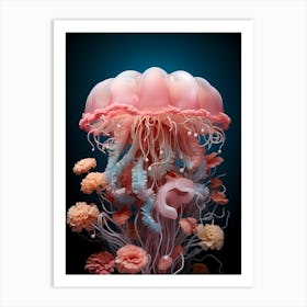 Lions Mane Jellyfish With Flowers Art Print