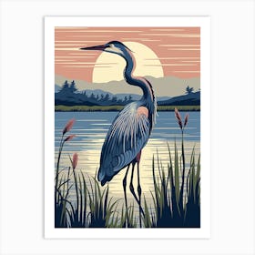 Vintage Bird Linocut Great Blue Heron 9 Art Print