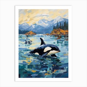 Two Orca Whales Geometric Impasto Blue Art Print
