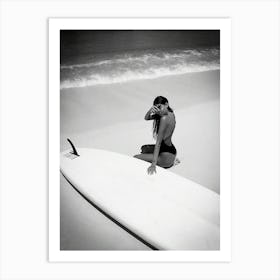 Surfer Girl Black And White Vintage Surfing Art Print