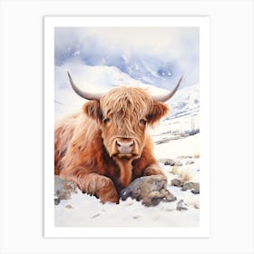 Watercolour Of Highland Cow Lying In The Snow Art Print