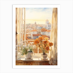 Window View Of Lisbon Portugal In Autumn Fall, Watercolour 4 Art Print