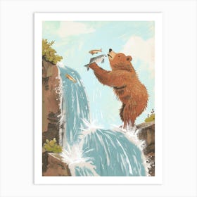 Brown Bear Catching Fish In A Waterfall Storybook Illustration 2 Art Print
