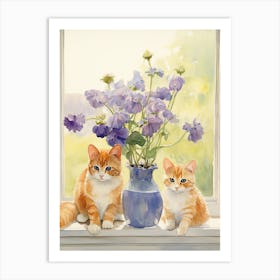 Cat With Pansy Flowers Watercolor Mothers Day Valentines 2 Art Print