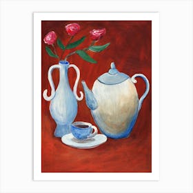 Vase And Teapot - burnt orange still life vertical kitchen art figurative painting Art Print