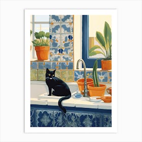 Black Cat In The Kitchen Sink, Mediterranean Style 0 Art Print