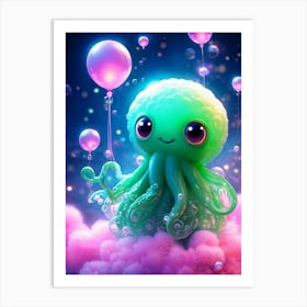 A Surreal Fantasy Art Illustration Where Cute Whimsical Cthulhu Floats Amidst Luminous Soap Bubbles Art Print