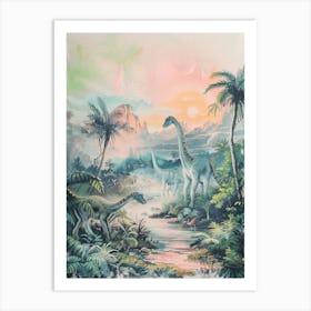 Dinosaur In Jurassic Landscape Vintage Illustration 3 Art Print