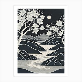 Cherry Blossoms In Full Bloom By A Gentle Stream Ukiyo-E Style Art Print