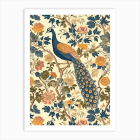 Cream Blue & Mustard Peacock Wallpaper Art Print