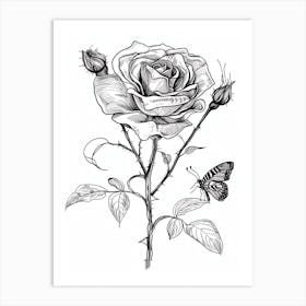 Butterfly Rose Line Drawing 4 Art Print