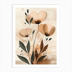 Flowers In Beige, Brown And White Tones, Using Simple Shapes In A Minimalist And Elegant 14 Art Print