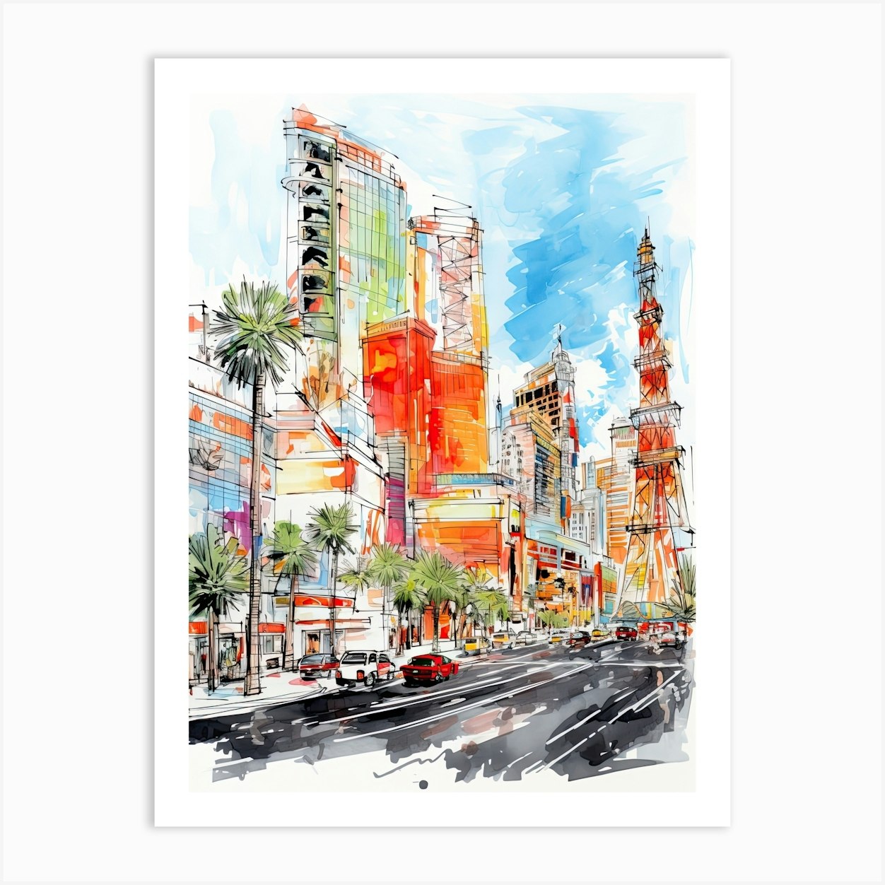 Las Vegas Watercolor Print Skyline Poster Travel Art 
