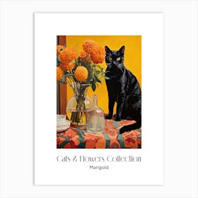 Cats & Flowers Collection Marigold Flower Vase And A Cat, A Painting In The Style Of Matisse 1 Art Print