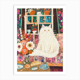 Tea Time With A White Fluffy Cat 4 Art Print