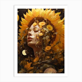 Woman With Sunflowers On Her Head 4 Art Print