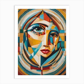 Which - Abstract Art Deco Geometric Shapes Oil Painting Modernist Picasso Inspired Bold Gold Green Turquoise Red Face Visionary Fantasy Style Wall Decor Surrealism Trippy Cool Room Art Invoke Psychedelic Art Print