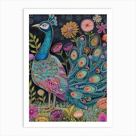 Folky Floral Peacock At Night 2 Art Print