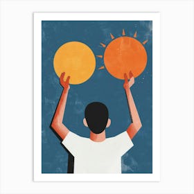 Illustration Of A Man Holding Up Two Suns Art Print