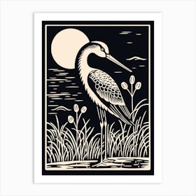 B&W Bird Linocut Stork 1 Art Print