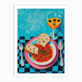 Spaghetti & A Cocktail Blue Checkered Painting Art Print