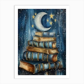 Books Moon Stars Reading Nook Print Fantasy Print Cozy Home  Art Print