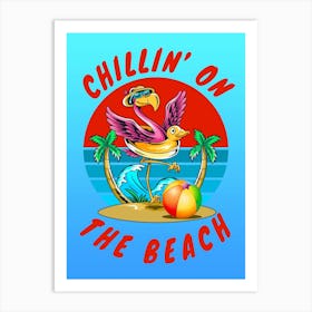 A Fun Flamingo Is Chilling On The Beach Wearing a Rubber Duck Inner Tube, Sunset and Waves Art Print