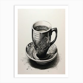 Coffee Cup Print Black Pen Drawing 1 Art Print