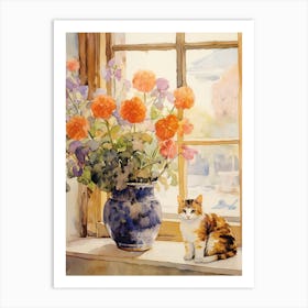 Cat With Pansy Flowers Watercolor Mothers Day Valentines 1 Art Print