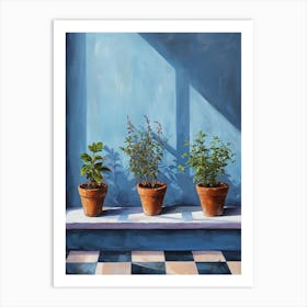 Potted Herbs On A Blue Checkered Windowsil 2 Art Print