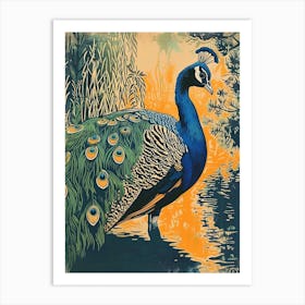 Blue Mustard Peacock & The Water Linocut Inspired 2 Art Print
